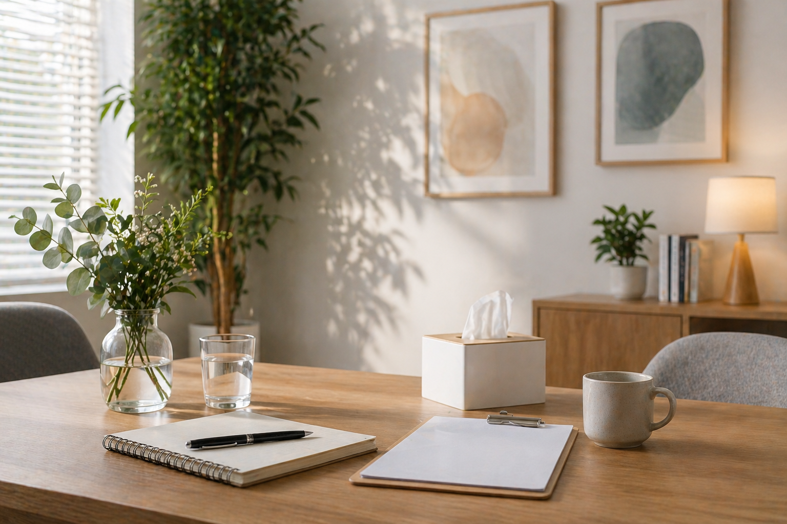 Relaxed, minimalist workspace with greenery